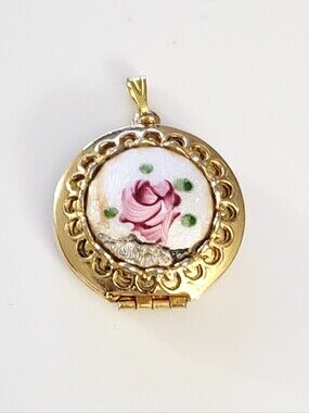 Vtg. Guilloche Floral Enameled Locket Pendant with Pink Rose